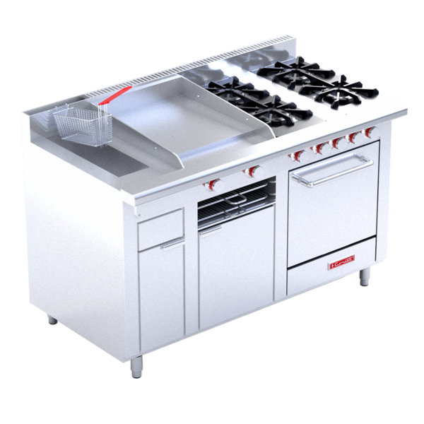 CORIAT MULTICHEF TURBO DE MASTER/ Estufa a gas con 4 quemadores, 1 plancha, 1 gratinador, 1 freidora 8 lt y 1 horno